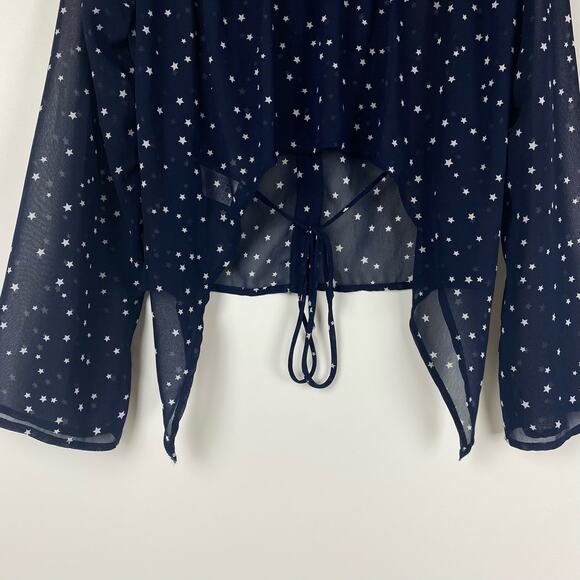 Lucca Star Sheer Cropped Blouse Button Front Navy Blue Back Tie Womens Size XS - Picture 10 of 11